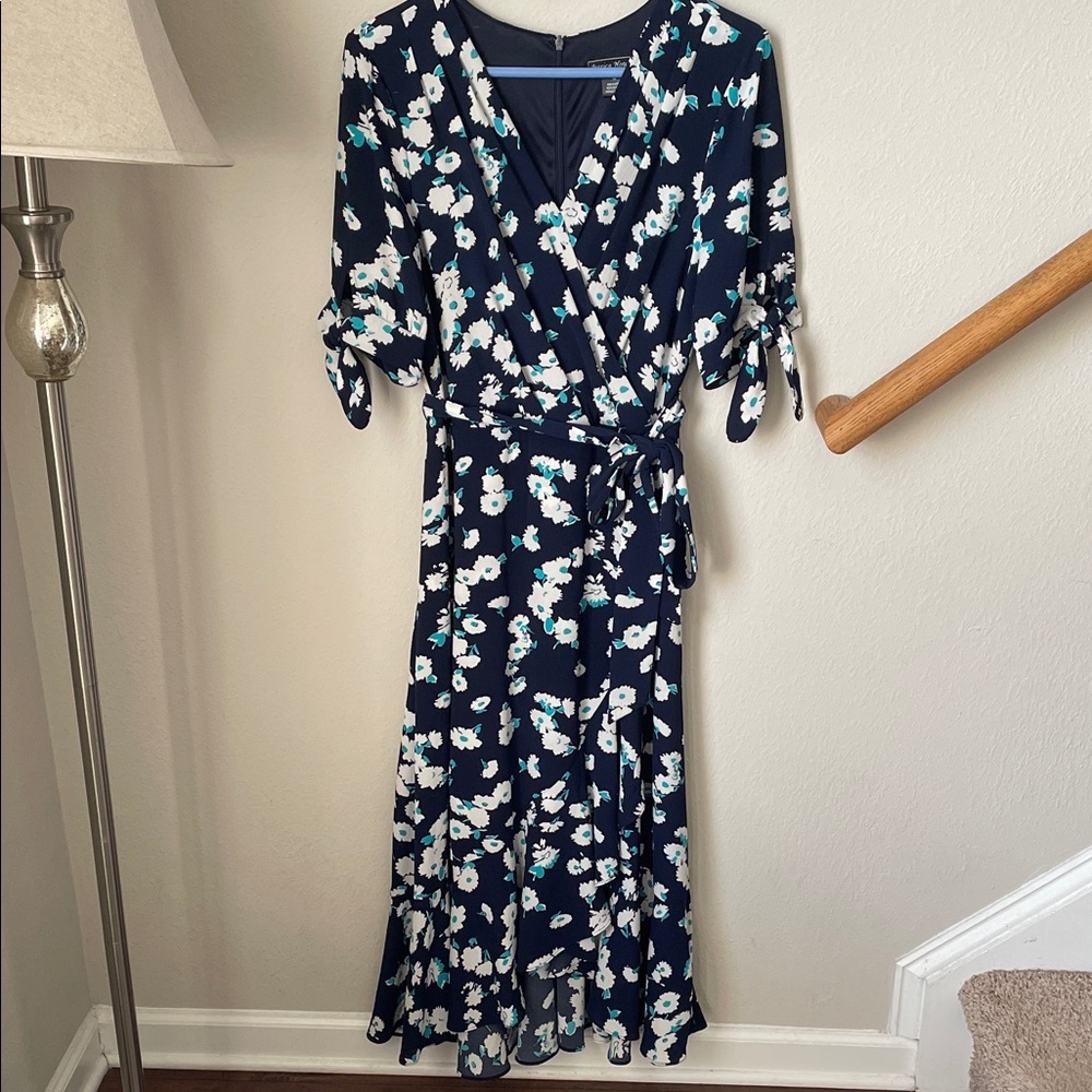 Floral Wrap Midi Dress - Navy with White & Teal Flowers